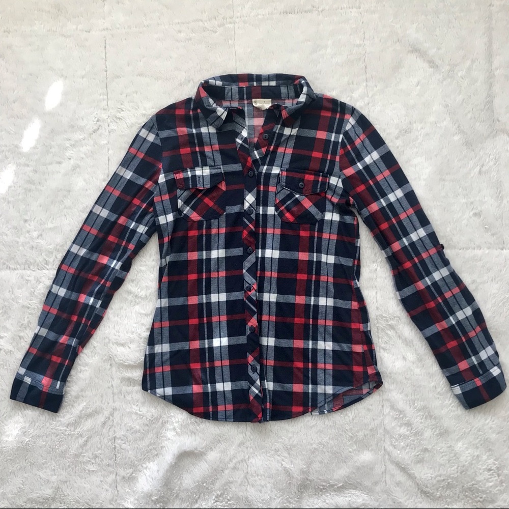 PASSPORT Plaid Button Up Long Sleeve Blouse